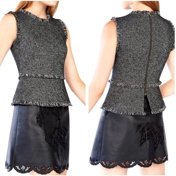 BCBGMAXAZRIA Ruffle Zip Up Marbled Fringe Black Vest Top Shirt – Large - Picture 1 of 15